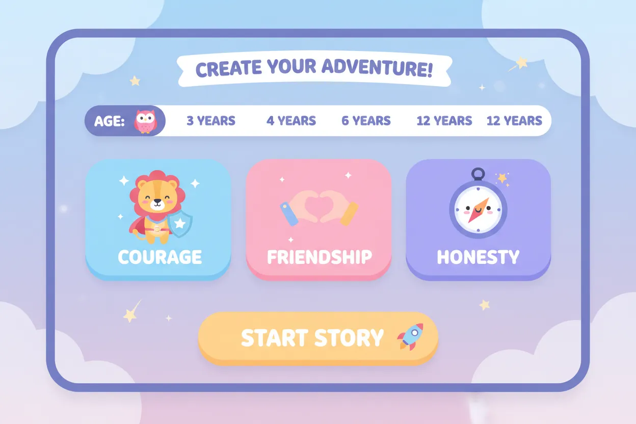 Story customization interface with age selector and theme options